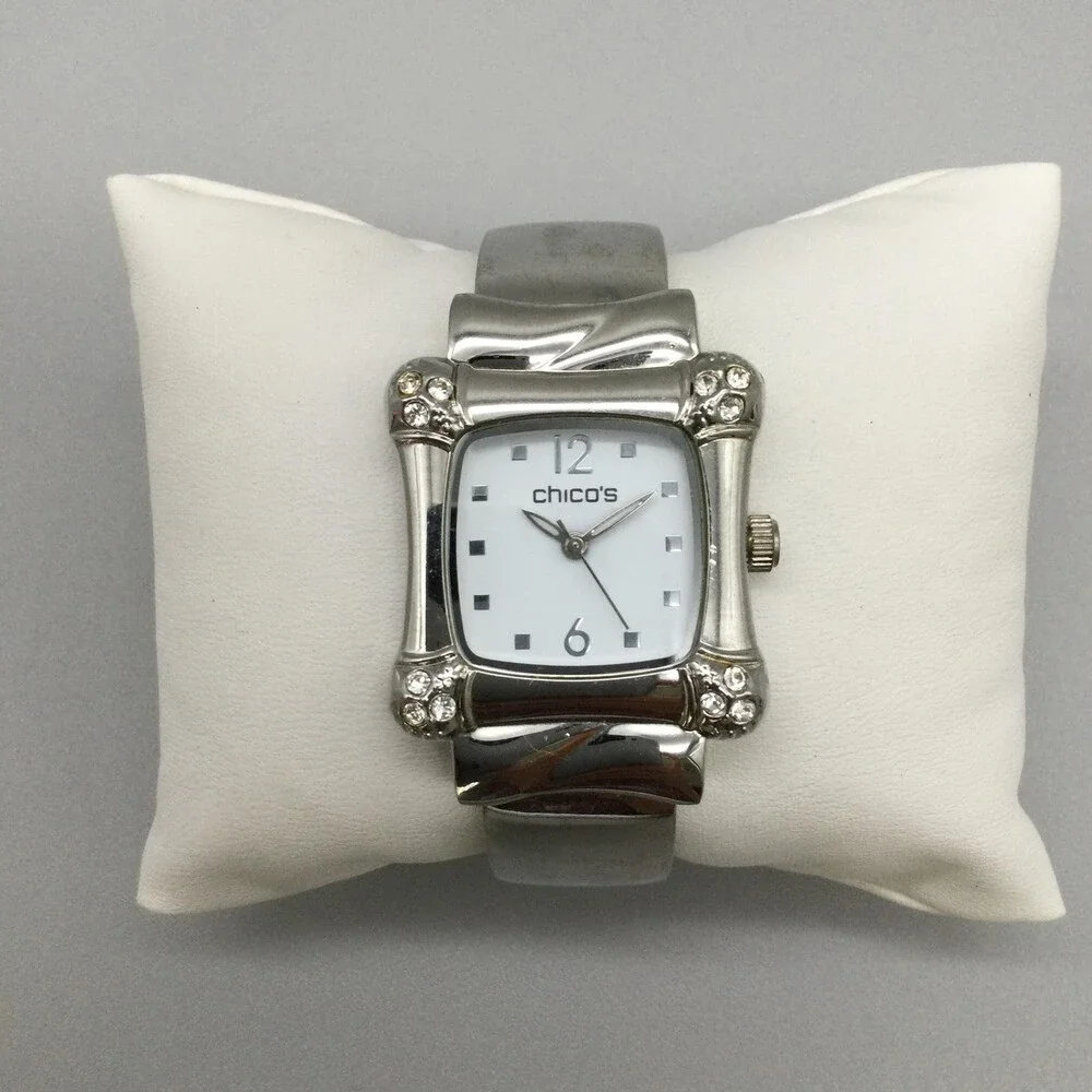 Chico's Womens Watch 30mm Square Silver Tone Open Cuff Rhinestone New Battery